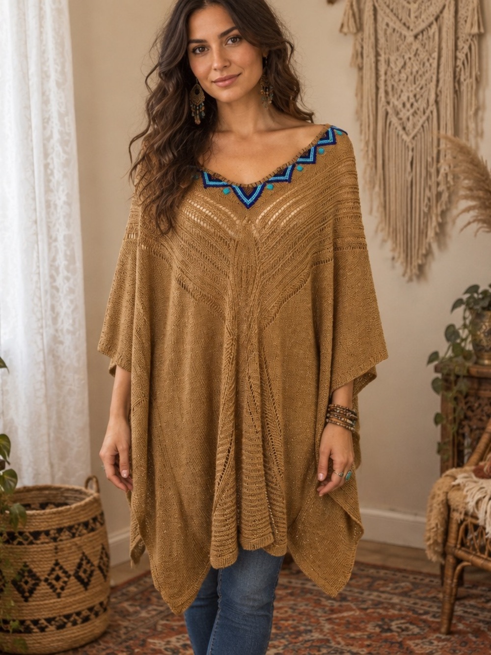 Chico's L/XL Beaded Knit Poncho Top Tan Gold Metallic Boho Southwest Festival